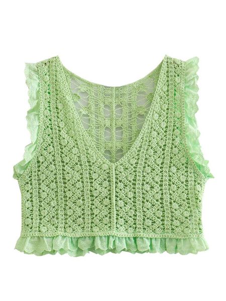 tanks summer clothes for women tank 2022 vacation boho vintage openwork crochet tanks v neck sleeveless ruffle trim crop, Black;white 
tanks summer clothes for women tank 2022 vacation boho vintage openwork crochet tanks v neck sleeveless ruffle trim crop, Black;white