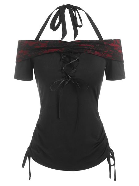 t-shirt gothic halter lace up cinched tee lacing tee off the shoulder tee for women summer short sleeve, White
t-shirt gothic halter lace up cinched tee lacing tee off the shoulder tee for women summer short sleeve, White