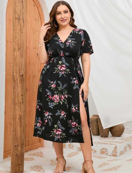 large size womens dress summer short sleeve elastic waist slit hemline at hem, Black;gray
large size womens dress summer short sleeve elastic waist slit hemline at hem, Black;gray