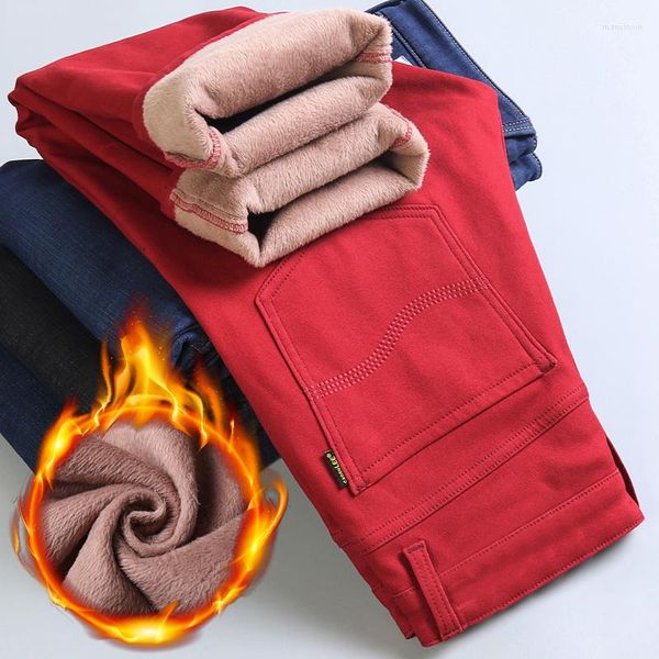 men's autumn winter fleece business casual red warm stretch slim fit denim male brand thickened trousers, Blue
men's autumn winter fleece business casual red warm stretch slim fit denim male brand thickened trousers, Blue