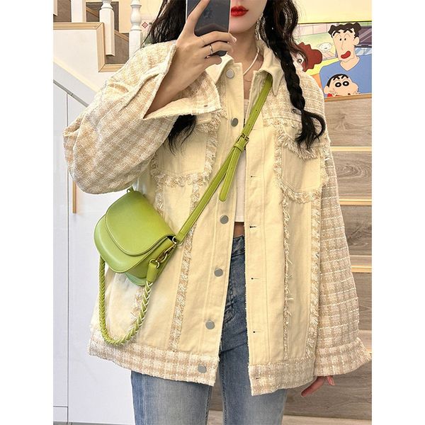 women's jackets patchwork vintage plaid tweed contrast jean jacket chic vintage denim coat women spring fall loose outfit windbreaker y, Black;brown
women's jackets patchwork vintage plaid tweed contrast jean jacket chic vintage denim coat women spring fall loose outfit windbreaker y, Black;brown
