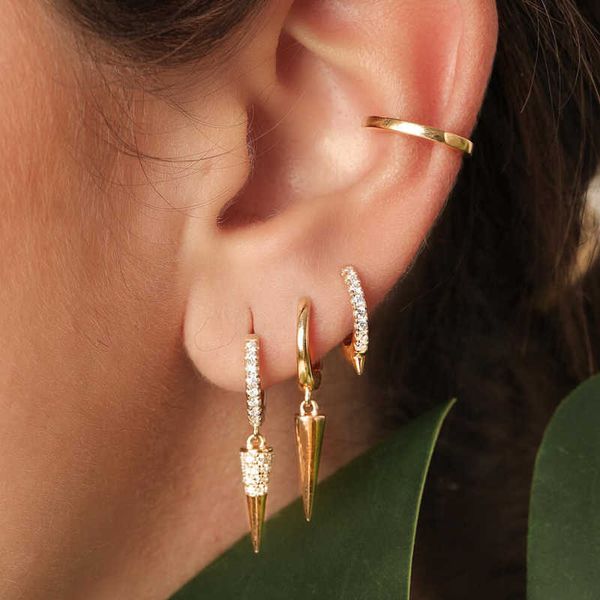 

charm fashion golor color crystal zircon rivet spike hanging earrings cone pendant huggie hoop earrings women's punk party jewelry aa23, Golden