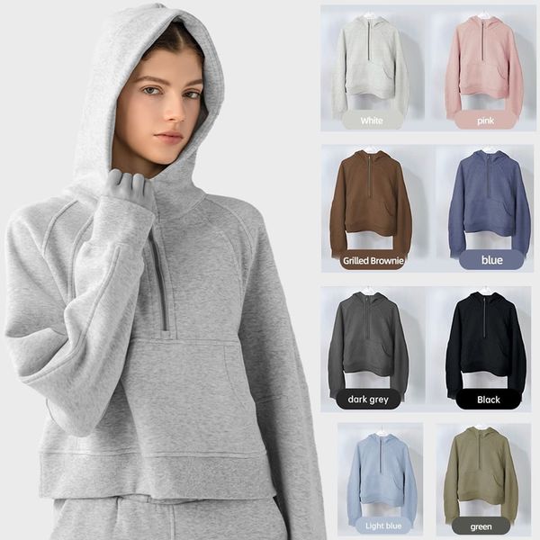 

LL Yoga Suit Hoodies SCA Oversized Half-zip Hoodie Cropped Sweat Jacket Thick Loose with Fleece Warm Outdoor Running Windproof Sweatshirts(embroidery ), Black