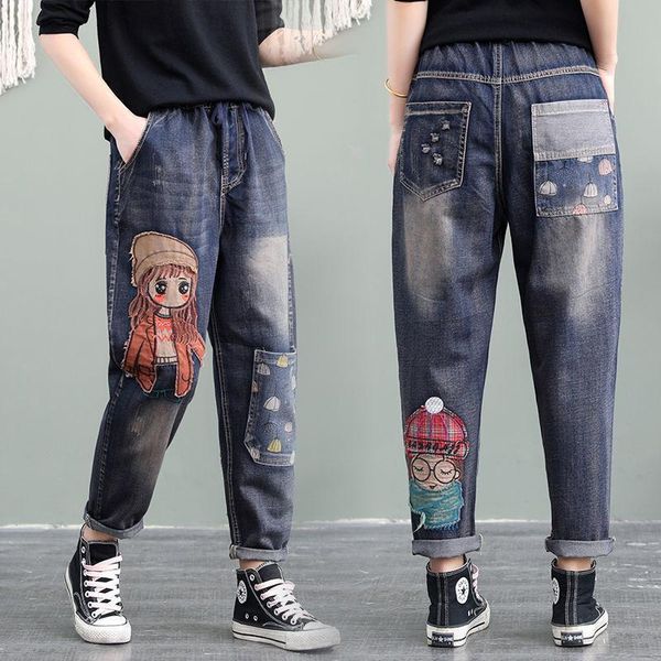 jeans elastic waist jeans spring summer korean retro jeans female cartoon girl patch pocket embroidery distressed harem pants women, Blue
jeans elastic waist jeans spring summer korean retro jeans female cartoon girl patch pocket embroidery distressed harem pants women, Blue