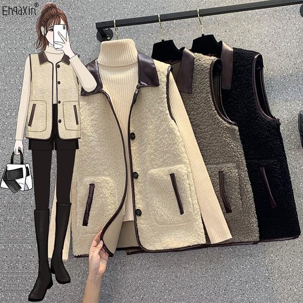 leather ehqaxin autumn winter new women's warm vest loose thickened versatile lamb fleece splice buttons cardigan coats ladies xl5xl, Black