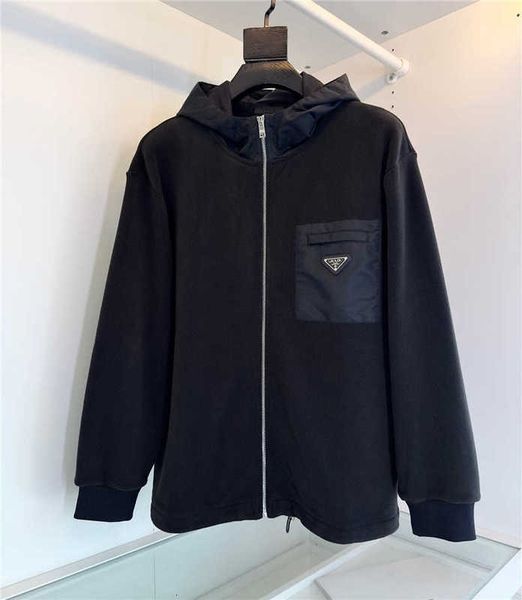 

Jackets Men's P family's correct hooded jacket Pu nylon patchwork fleece men's and women's loose triangle pocket jacket 3848, Black
