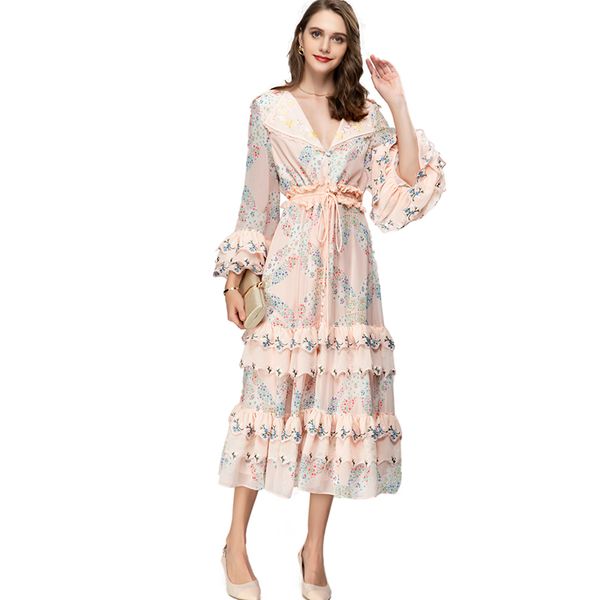 women's runway dresses v neck long lantern sleeves printed tired ruffles lace up fashion designer vestidos, Black
women's runway dresses v neck long lantern sleeves printed tired ruffles lace up fashion designer vestidos, Black