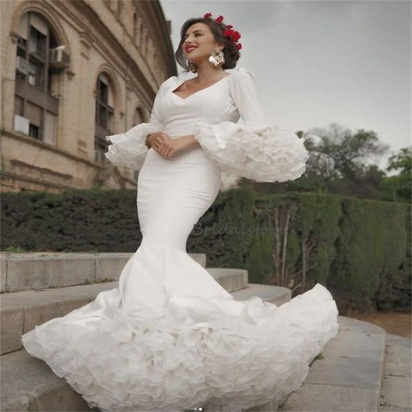 luxury flamenco wedding dress 2023 flare ruffles mermaid long sleeve boho wedding dresses v neck backless formal bridal spanish vintage vest, White
luxury flamenco wedding dress 2023 flare ruffles mermaid long sleeve boho wedding dresses v neck backless formal bridal spanish vintage vest, White