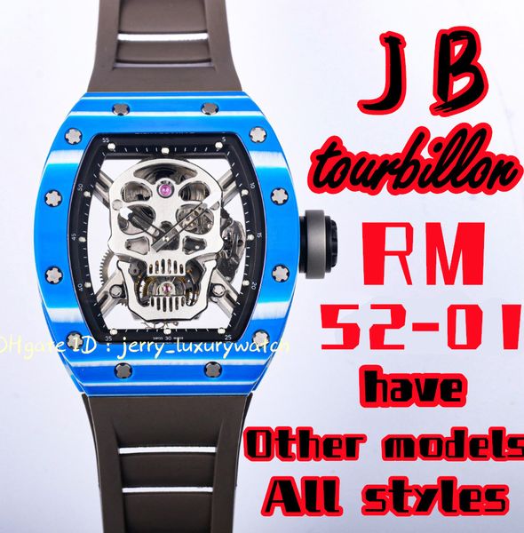 jb luxury men's watch 52-01 skull real tourbillon carbon fiber 49.8*44.3*16.4mm; thai raw rubber watch band; shanghai factory customize, Slivery;brown
jb luxury men's watch 52-01 skull real tourbillon carbon fiber 49.8*44.3*16.4mm; thai raw rubber watch band; shanghai factory customize, Slivery;brown