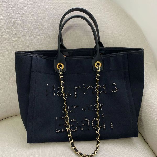 new little fragrant canvas tote chain pearl embellished beach bag mommy bag one-shoulder tote women's bag