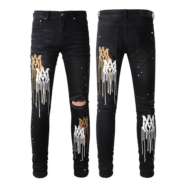 

Fashion black men high street ripped skinny zipper fly amiryes spray paint dazzle letters jean