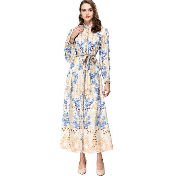 women's runway dresses stand collar long sleeves printed single breasted lace up belt fashion designer vestidos, Black
women's runway dresses stand collar long sleeves printed single breasted lace up belt fashion designer vestidos, Black