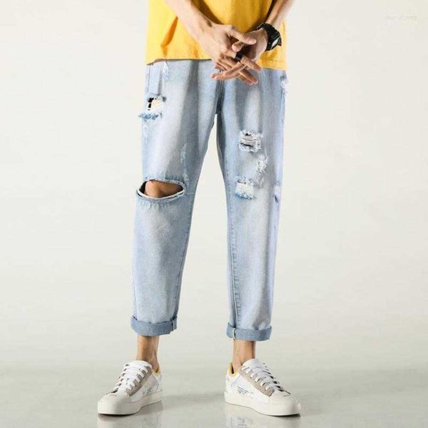 men's jeans fashion streetwear slim pencil summer pants casual hole ripped design solid color homme hip hop men punk pant, Blue
men's jeans fashion streetwear slim pencil summer pants casual hole ripped design solid color homme hip hop men punk pant, Blue