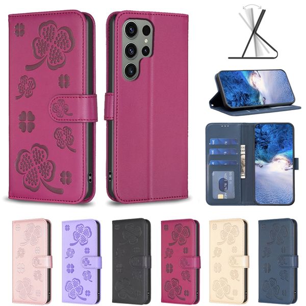 S25 Lucky Flower Leather Wallet Cases For Samsung S24 Ultra S23 FE Plus A16 A36 A06 A55 A35 A15 A05 A05S A25 A34 A54 A14 Four-leaf Clover ID Card Slot Holder
