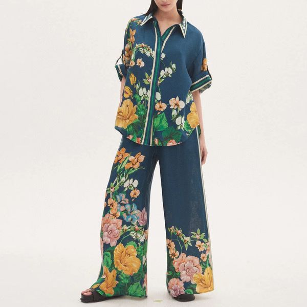 australian designer two-piece set short sleeve floral printed linen shirt with linen pants, White
australian designer two-piece set short sleeve floral printed linen shirt with linen pants, White