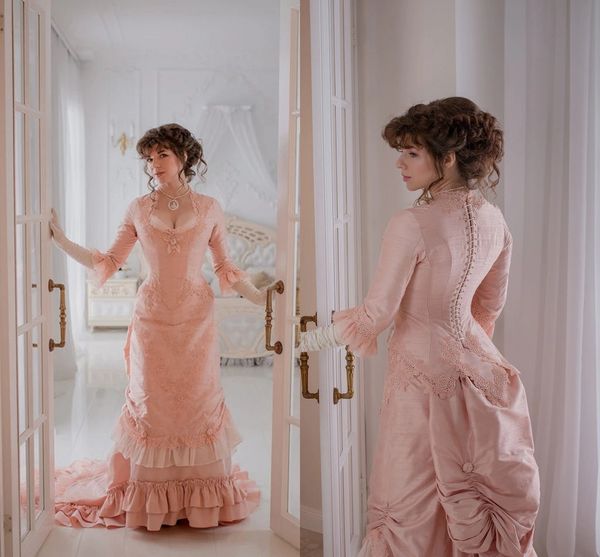 vintage victorian prom dresses bustle skirt peach pink applique gilded age long sleeve lace-up corset gothic evening dress, Black
vintage victorian prom dresses bustle skirt peach pink applique gilded age long sleeve lace-up corset gothic evening dress, Black