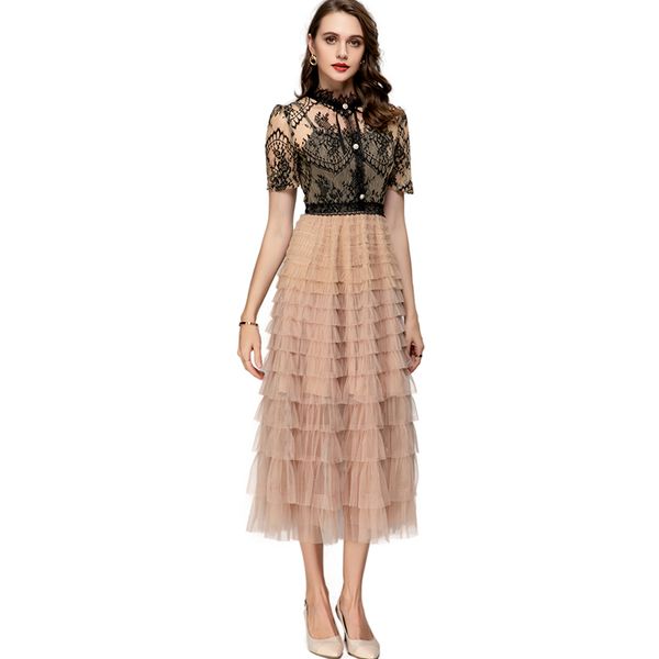 women's runway dresses o neck short sleeves embroidery lace boide patchwork fashion designer vestidos, Black
women's runway dresses o neck short sleeves embroidery lace boide patchwork fashion designer vestidos, Black