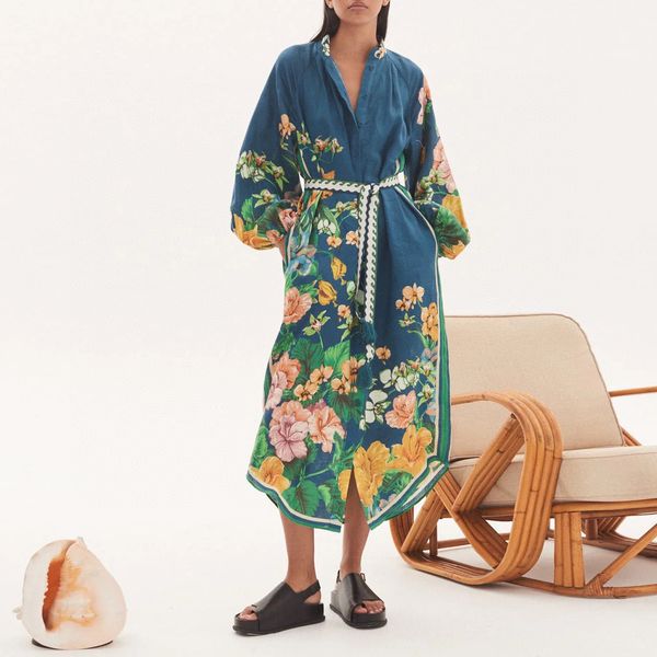 australian designer dress stand collar lantern sleeve floral printed linen shirt dress, Black;gray
australian designer dress stand collar lantern sleeve floral printed linen shirt dress, Black;gray