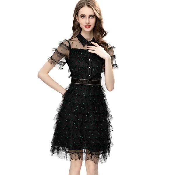 women's runway dresses turn down collar short sleeves tiered ruffles dots printed fashion mini vestidos, Black
women's runway dresses turn down collar short sleeves tiered ruffles dots printed fashion mini vestidos, Black