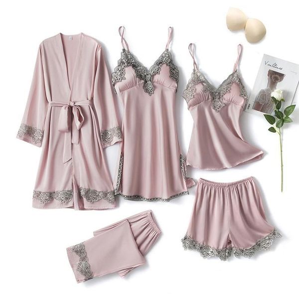 set womens sleepwear pink women rayon 5pcs robe gown lace floral trim bride dressing sleep suit loose lingerie pajamas kimono 230131, Red;black
set womens sleepwear pink women rayon 5pcs robe gown lace floral trim bride dressing sleep suit loose lingerie pajamas kimono 230131, Red;black