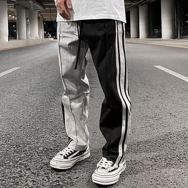 men's pants high street striped color match drawstring casual mens suede trousers straight hip hop oversized ankle zipper loose 230131, Black
men's pants high street striped color match drawstring casual mens suede trousers straight hip hop oversized ankle zipper loose 230131, Black