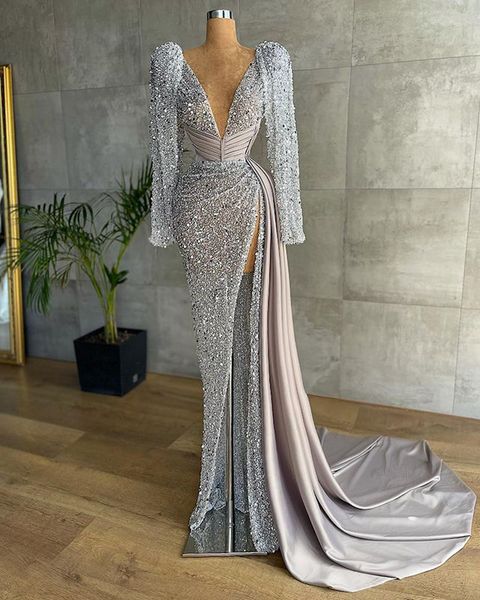 long sleeve women prom dress 2023 v-neck luxury beaded mermaid high slit silver formal evening gala gowns robe de soiree vestidos feast, Black
long sleeve women prom dress 2023 v-neck luxury beaded mermaid high slit silver formal evening gala gowns robe de soiree vestidos feast, Black