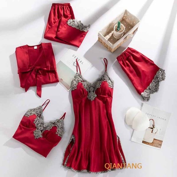 set womens sleepwear 5pcs pjs sleep suit vneck lace pajamas sets intimate lingerie spring satin pijamas nightwear home 230131, Red;black
set womens sleepwear 5pcs pjs sleep suit vneck lace pajamas sets intimate lingerie spring satin pijamas nightwear home 230131, Red;black
