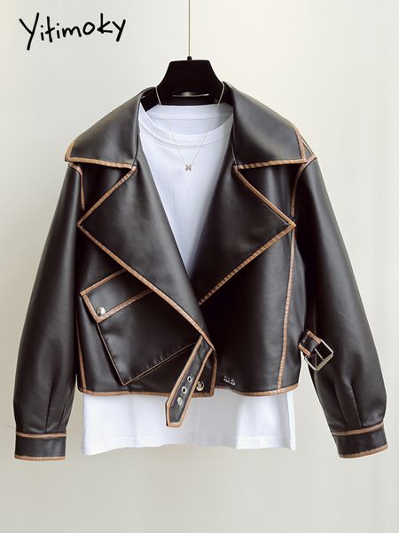 womens leather faux yitimoky spring autumn splicing colour soft jacket women big lapel pu short coat female chic loose outwear 230131, Black
womens leather faux yitimoky spring autumn splicing colour soft jacket women big lapel pu short coat female chic loose outwear 230131, Black