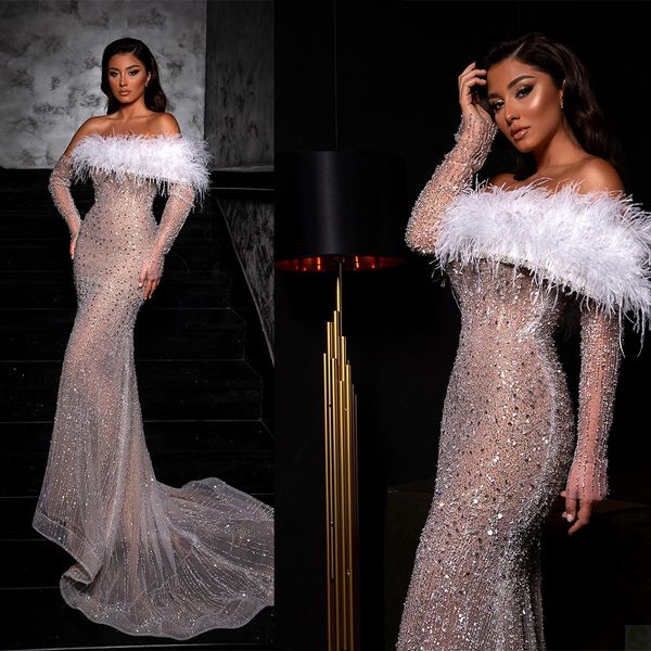 illusion feather prom dresses off the shoulder long sleeve sequins bling bling tailor made evening gowns robe de mariee, Black
illusion feather prom dresses off the shoulder long sleeve sequins bling bling tailor made evening gowns robe de mariee, Black