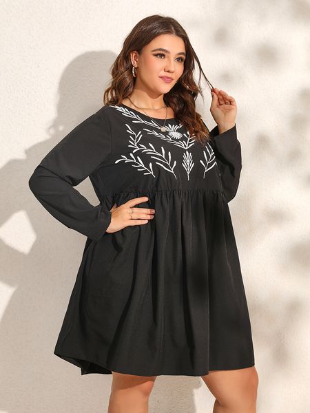 plus size dresses finjani party size aline plants embroidery mini women oneck high waist 230202, Black 
plus size dresses finjani party size aline plants embroidery mini women oneck high waist 230202, Black