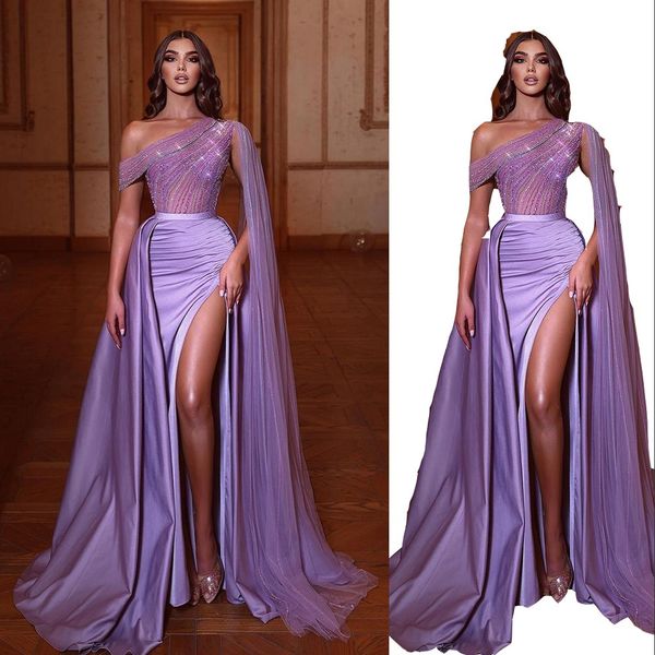 2023 purple one shoulder prom dresses crystal beading side split ruched satin tulle arabic dubai females robe de soiree with cape mermaid ev, Black
2023 purple one shoulder prom dresses crystal beading side split ruched satin tulle arabic dubai females robe de soiree with cape mermaid ev, Black