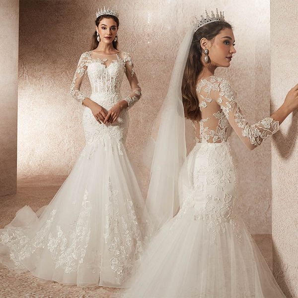 2023 sheer long sleeves lace mermaid wedding dresses scoop neck tulle applique sweep train wedding bridal gowns, White
2023 sheer long sleeves lace mermaid wedding dresses scoop neck tulle applique sweep train wedding bridal gowns, White