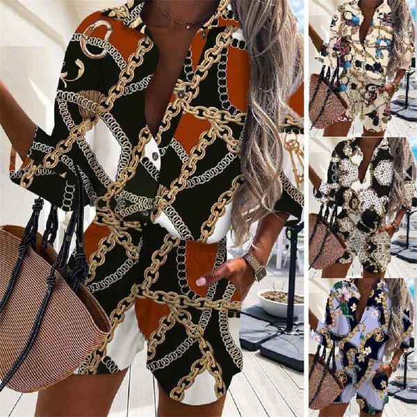 summer tracksuits fashion womens two piece set wear chain printing button designer shirt shorts set, Gray
summer tracksuits fashion womens two piece set wear chain printing button designer shirt shorts set, Gray