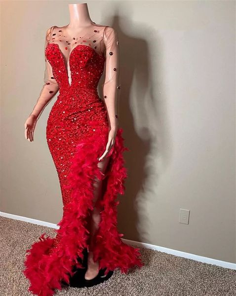 african feathers sequined prom dresses side high split sheer long sleeves glitter pageant special occasion gowns black girls evening dress
african feathers sequined prom dresses side high split sheer long sleeves glitter pageant special occasion gowns black girls evening dress