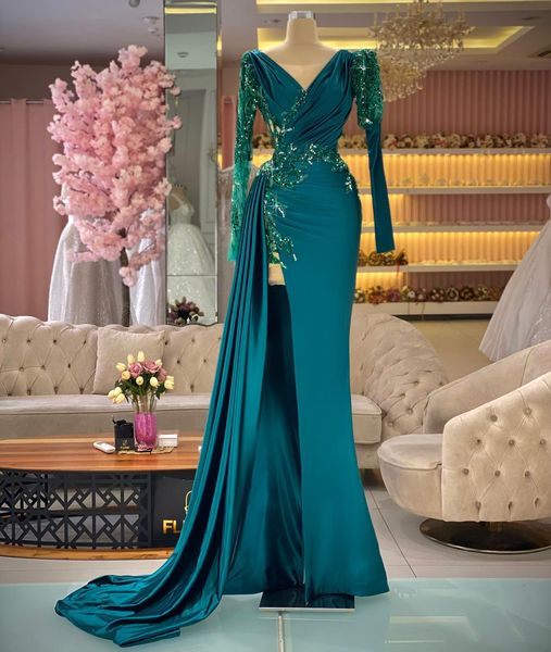 dark green mermaid prom dresses long sleeve sparkly beading crystal satin v neck split evening gowns formal vestidos de noche, Black
dark green mermaid prom dresses long sleeve sparkly beading crystal satin v neck split evening gowns formal vestidos de noche, Black
