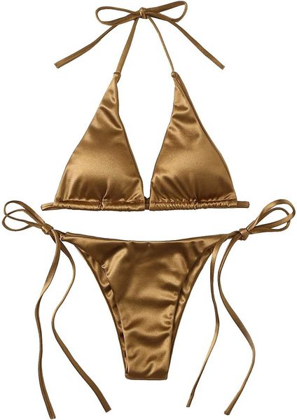 women's swimwear metallic halter two piece swimsuit tie side triangle bikini summer solid bathing suit beachwear set 230203, White;black
women's swimwear metallic halter two piece swimsuit tie side triangle bikini summer solid bathing suit beachwear set 230203, White;black
