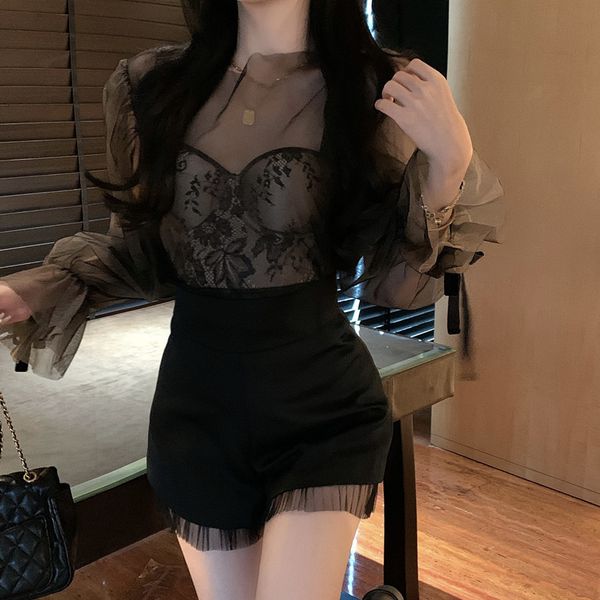 womens two piece pants chic girl outfits 3 sets flare sleeve mesh shirt black lace camis vest high waist mini shorts fashion 3pc matching su, White
womens two piece pants chic girl outfits 3 sets flare sleeve mesh shirt black lace camis vest high waist mini shorts fashion 3pc matching su, White