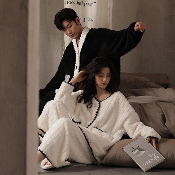 women's sleepwear thickened couple pajamas velvet warm two piece set long sleeve button vneck cardigan trousers for women and men pjs 2, Black;red
women's sleepwear thickened couple pajamas velvet warm two piece set long sleeve button vneck cardigan trousers for women and men pjs 2, Black;red