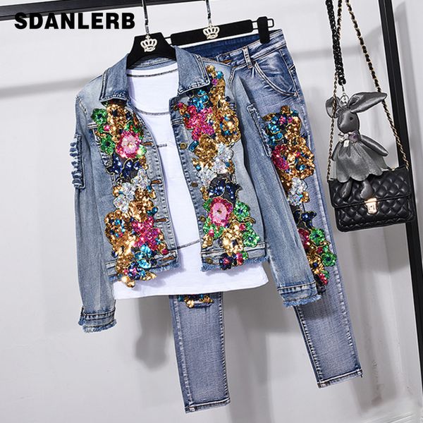 women's two piece pants european style denim suit fashion outfit women flower sequined jacket short jeans two-piece set female 230202, White
women's two piece pants european style denim suit fashion outfit women flower sequined jacket short jeans two-piece set female 230202, White
