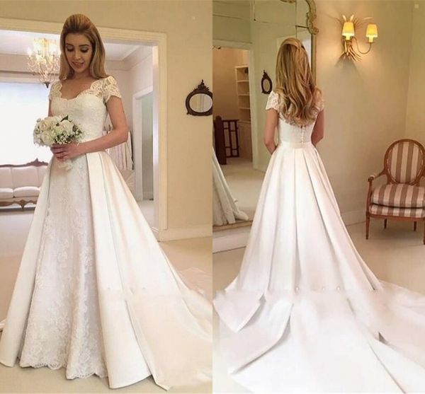 modest white ivory satin wedding dresses cap sleeve lace appliques backless long church bridal gowns formal robes de mariage bc15028
modest white ivory satin wedding dresses cap sleeve lace appliques backless long church bridal gowns formal robes de mariage bc15028