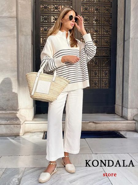 women's sweaters kondala vintage women fashion stripe loose zipper knitting long sleeve female pullover casual blouse 230203, White;black
women's sweaters kondala vintage women fashion stripe loose zipper knitting long sleeve female pullover casual blouse 230203, White;black