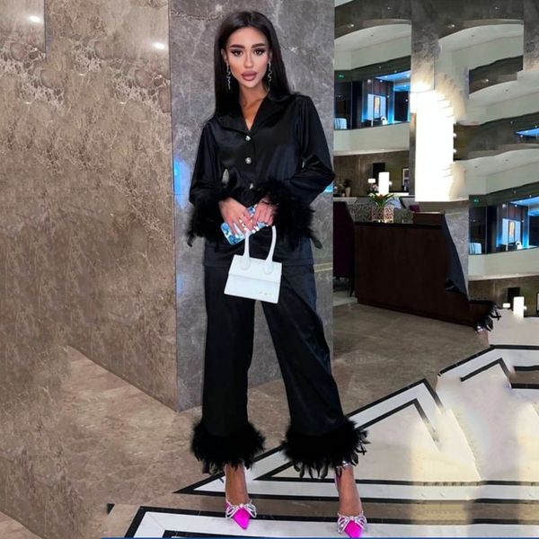 women's sleepwear two piece chic feather lounge suits pajama set long sleeves faux fur custom bridesmaid shawel pajamas 230203, Black;red
women's sleepwear two piece chic feather lounge suits pajama set long sleeves faux fur custom bridesmaid shawel pajamas 230203, Black;red