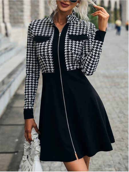 casual dresses ladies spring autumn winter elegant stitching dress fashion houndstooth long sleeve zipper women's bird lattice retro cl, Black;gray
casual dresses ladies spring autumn winter elegant stitching dress fashion houndstooth long sleeve zipper women's bird lattice retro cl, Black;gray