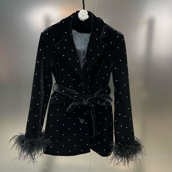 women's suits blazers fashion blazer coat women 2023 spring lapel ostrich fur long sleeve drilling bingbing belt waisttight velvet suit, White;black
women's suits blazers fashion blazer coat women 2023 spring lapel ostrich fur long sleeve drilling bingbing belt waisttight velvet suit, White;black