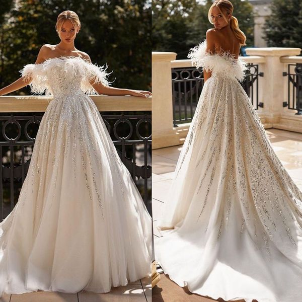 elegant feather wedding dresses puffy off the shoulder a line wedding dress sequined lace country bridal gowns, White
elegant feather wedding dresses puffy off the shoulder a line wedding dress sequined lace country bridal gowns, White