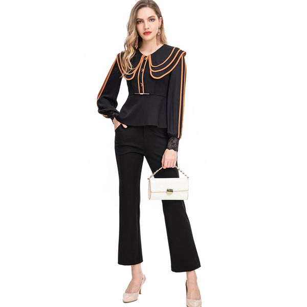 women's runway two piece pants long sleeves piping peplum blouses with pant fashion twinset sets, White
women's runway two piece pants long sleeves piping peplum blouses with pant fashion twinset sets, White