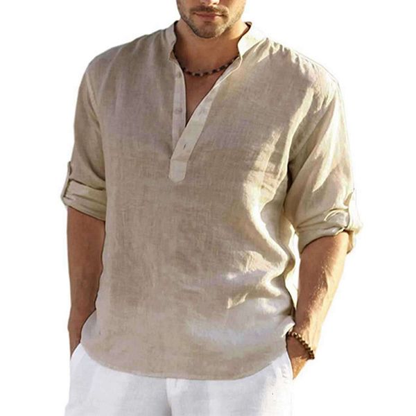 men's t-shirts cotton linen blouse men casual stand collar long sleeve loose shirt male fashion solid color v neck button t-shirt 2302, White;black 
men's t-shirts cotton linen blouse men casual stand collar long sleeve loose shirt male fashion solid color v neck button t-shirt 2302, White;black