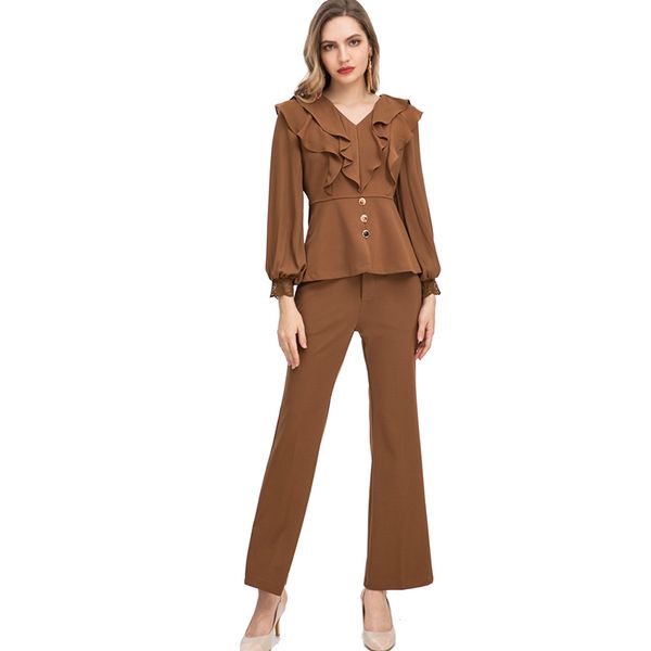 women's runway two piece pants long sleeves v neck ruffles peplum blouses with pant fashion twinset sets, White
women's runway two piece pants long sleeves v neck ruffles peplum blouses with pant fashion twinset sets, White