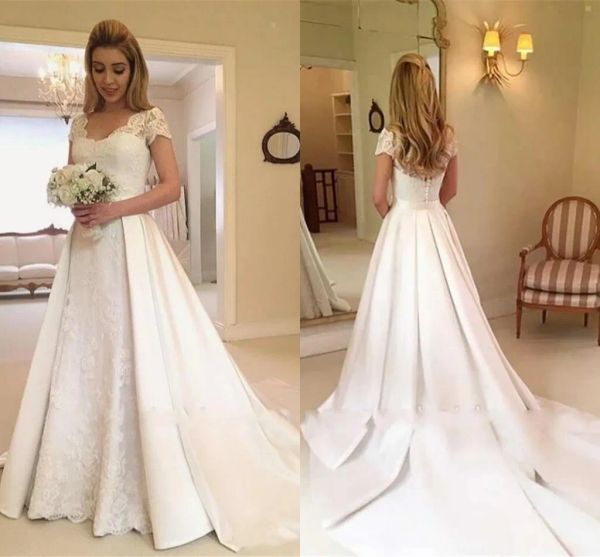 2023 gorgeous lace wedding dresses bridal gown with overskirt satin short sleeves a line covered buttons sweep train plus size custom made g, White
2023 gorgeous lace wedding dresses bridal gown with overskirt satin short sleeves a line covered buttons sweep train plus size custom made g, White