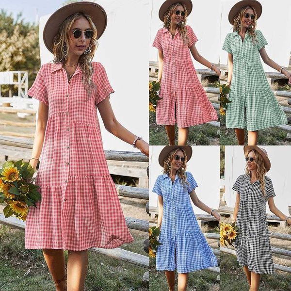 summer product womens clothes plaid dress shirt collar casual, Black;gray